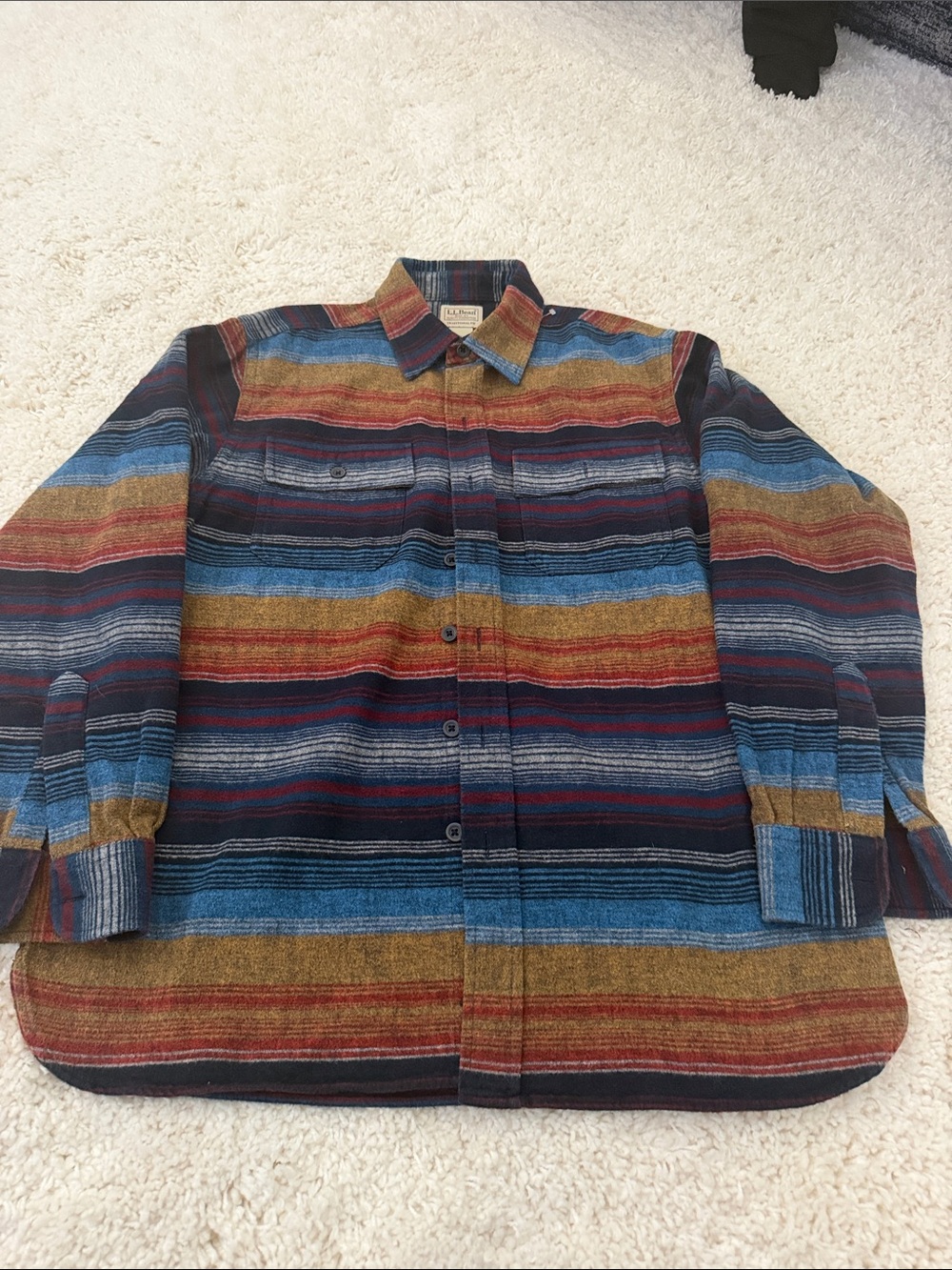 L.L. Bean Striped Button-Up Shirt in Blue, Red, Mustard
